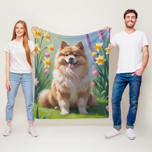 Manta Polar Pintura de flores de primavera del perro Keeshond  (In situ)