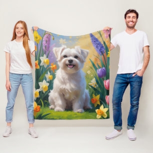 Manta Polar Pintura de flores de primavera del perro maltés