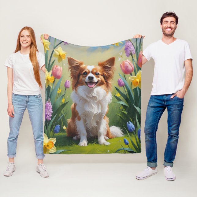 Manta Polar Pintura de flores de primavera del perro Papillon  (In situ)