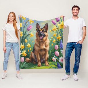 Manta Polar Pintura de flores de primavera del perro pastor al