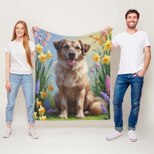 Manta Polar Pintura de flores de primavera del perro pastor de