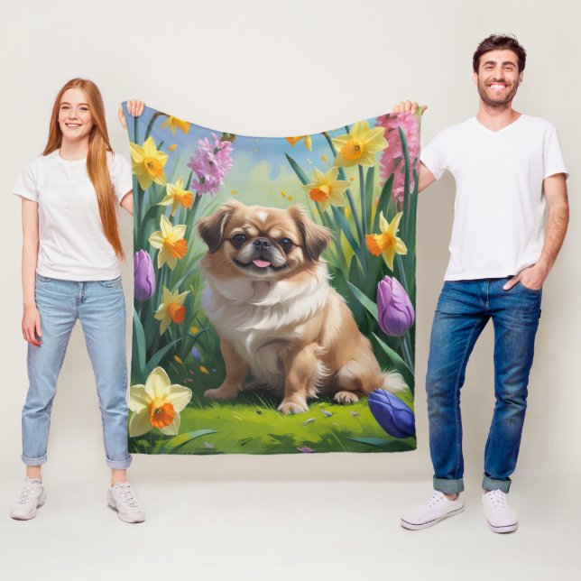 Manta Polar Pintura de flores de primavera del perro pequinés (In situ)