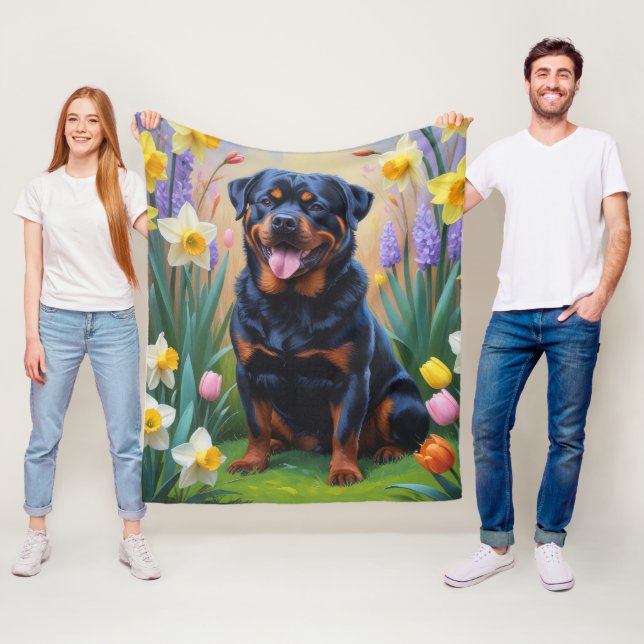 Manta Polar Pintura de flores de primavera del perro Rottweile (In situ)