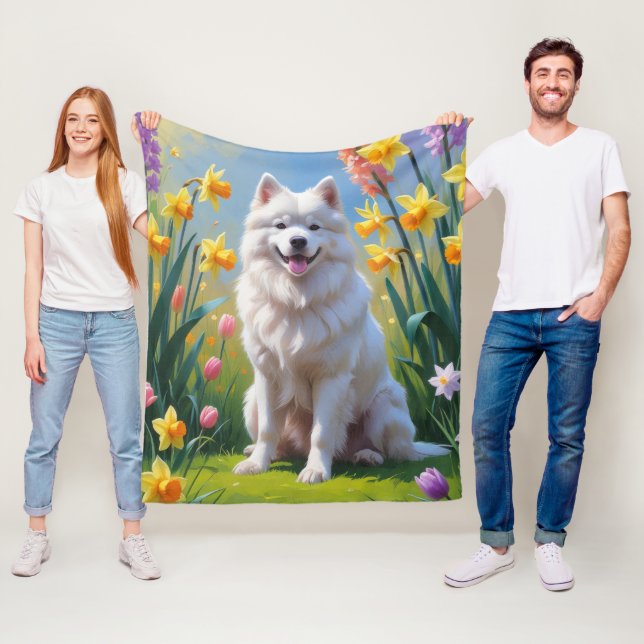 Manta Polar Pintura de flores de primavera del perro Samoyedo (In situ)