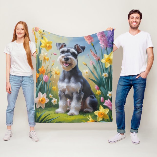 Manta Polar Pintura de flores de primavera del perro Schnauzer (In situ)