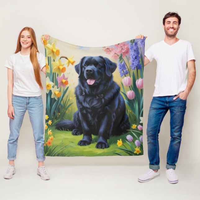 Manta Polar Pintura de flores de primavera del perro Terranova (In situ)