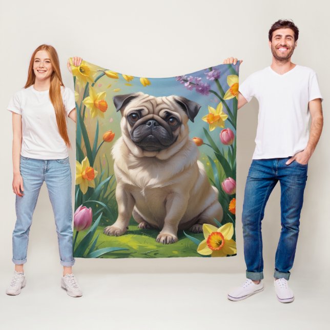 Manta Polar Pintura de las flores de primavera de perro de pug (In situ)