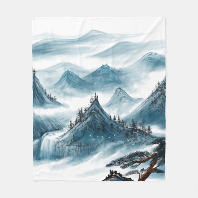 Manta Polar Pintura de las Montañas Chinoiserie Blue Classic (Anverso)