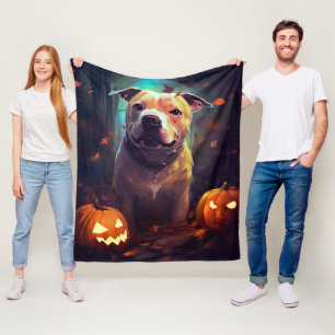 Manta Polar Pitbull De Halloween Con Calabazas Asustadas