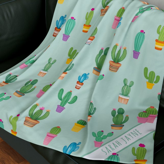 Manta Polar Planta de patrón de cactus mamá nombre grifo de fl (A cute cactus pattern blanket with space for your Plant Mom's name)