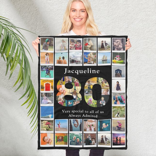Manta Polar Plantilla fotográfica de cumpleaños número 80 de l (Personalized 80th birthday fleece blanket with family photo collage template.)