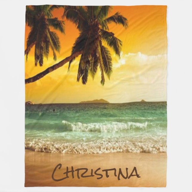 Manta Polar Playa tropical al atardecer con nombre (Anverso)