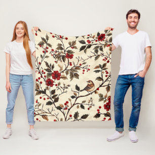 Manta Polar Poinsettia Vintage Pájaro Navidad Crema Rojo