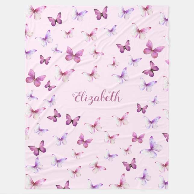 Manta Polar Pretty Pink Butterflies Custom Name Girl (Anverso)