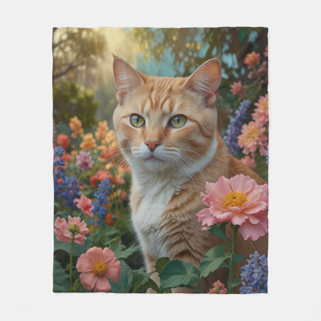 Manta Polar Pretty white orange cat in floral garden (Anverso)