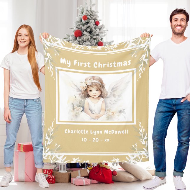 Manta Polar Primer bebé de Navidad Angel Gold y Navidades blan (First Christmas Baby Angel Gold & White Christmas Fleece Blanket)