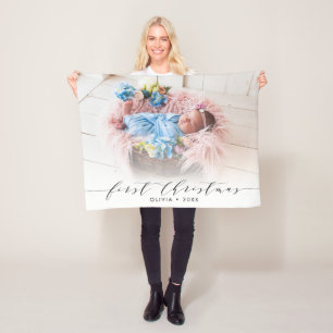 Manta Polar Primera foto moderna con letras de mano de Navidad