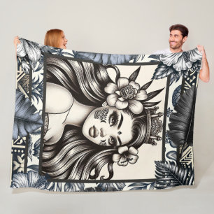 Manta Polar Princesa Polinesia Floral Tribal Azul