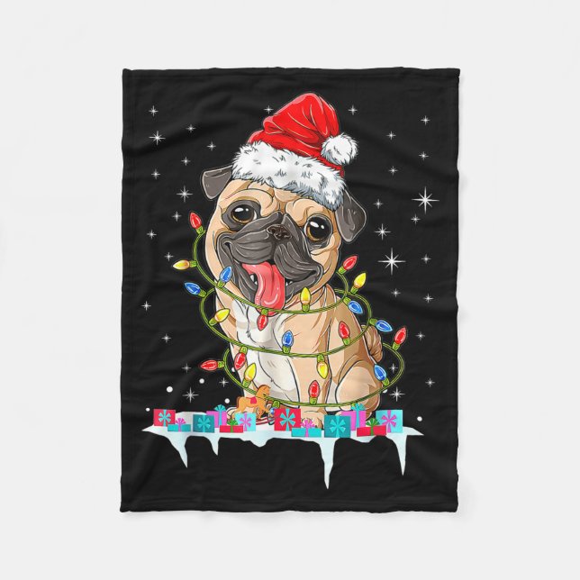 Manta Polar Pug Christmas Tree Lights Santa Dog Xmas  (Anverso)