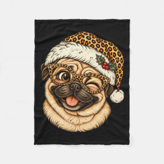 Manta Polar Pug divertido de Navidad con sombrero de Santa leo
