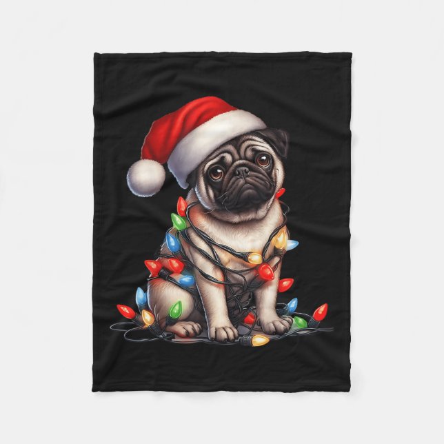 Manta Polar Pug Dog Christmas Lights Santa Hat Dog Lover  (Anverso)
