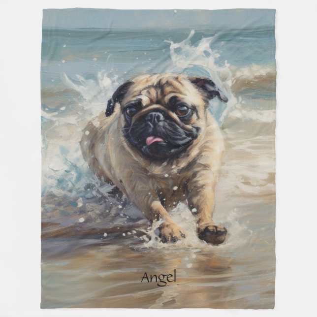 Manta Polar Pug Feliz en la Playa personalizable (Anverso)