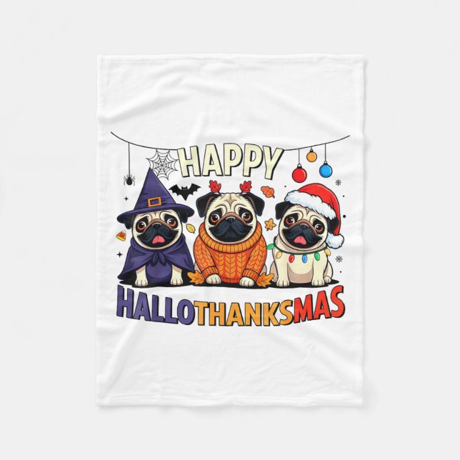 Manta Polar Pug Halloween Thanksgiving Christmas Happy Halloth (Anverso)
