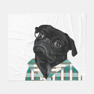 Manta Polar Pug Negra Adorable Con Gafas Y Camisa