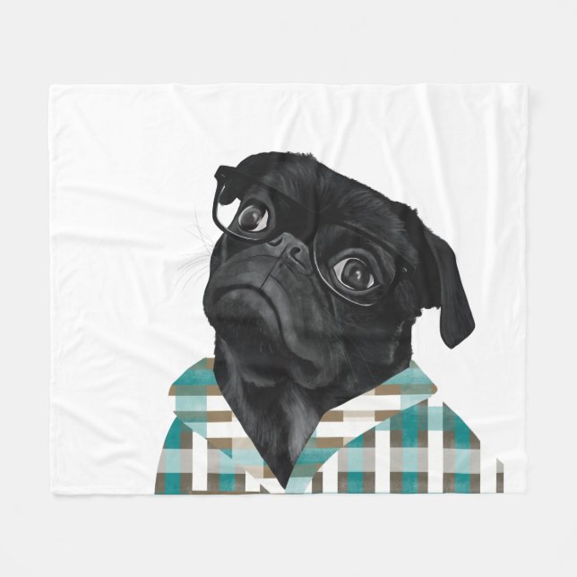 Manta Polar Pug Negra Adorable Con Gafas Y Camisa (Frente (Horizontal))
