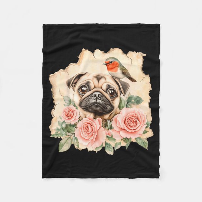 Manta Polar Pug pájaro perro lindo pug divertido  (Anverso)