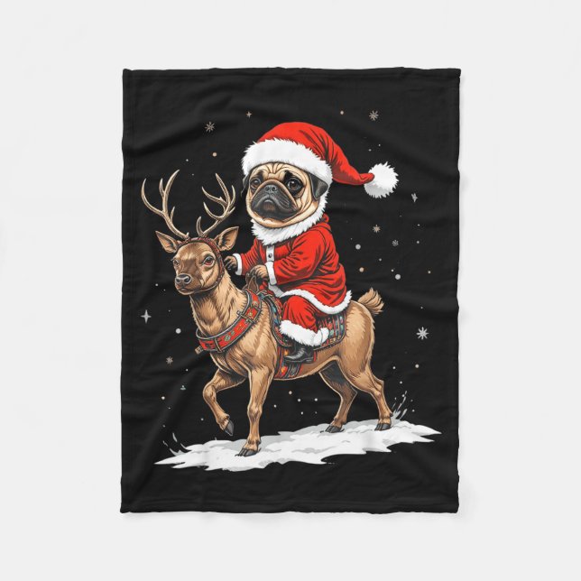 Manta Polar Pug Santa Riding Reindeer Christmas Holiday Puppy  (Anverso)