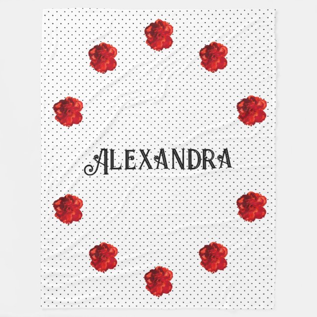 Manta Polar Punto de polka floral roja personalizado (Anverso)