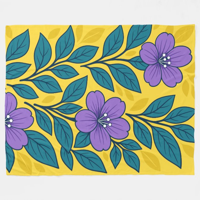 Manta Polar Purple Flowers & Teal Leaves on Yellow Background (Frente (Horizontal))