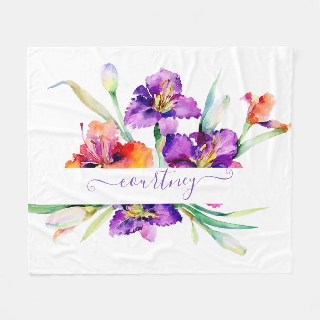Manta Polar Púrpura acuarela Iris personalizado (Frente (Horizontal))