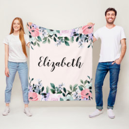 Manta Polar Púrpura rosa y acuarela floral verde