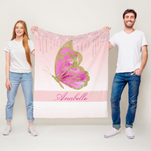 Manta Polar Purpurina de goteo personalizado mariposa rosa