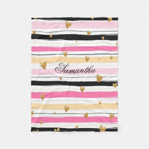 Manta Polar Purpurina de oro de franjas negras rosadas persona