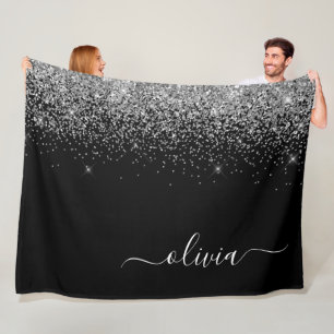 Manta Polar Purpurina negro plateado Script Monograma Nombre d