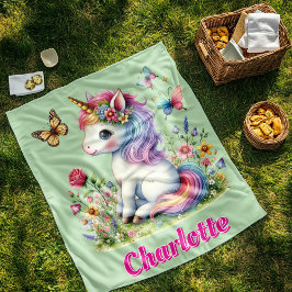 Manta Polar Purpurina verde unicornio pradera flores silvestre