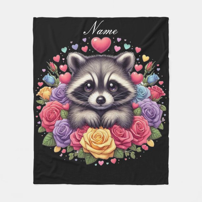 Manta Polar Racco personalizado con flores y corazones (Anverso)