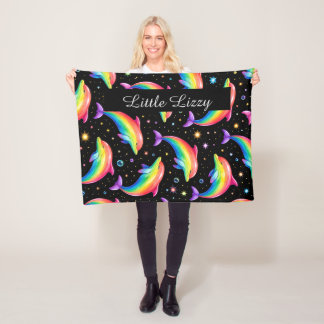 Manta Polar Rainbow Dolphin Fleece Blanket – Kids Custom Name