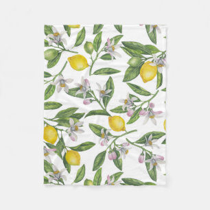 Manta Polar Ramas de limón con flores y fruta en blanco