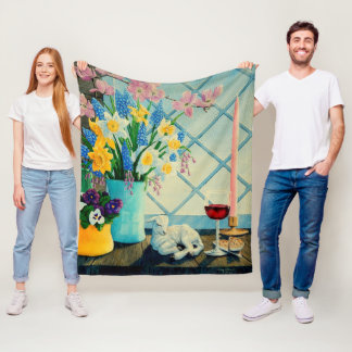 Manta Polar Ramo de flores de primavera, Cordero de Dios/vino/