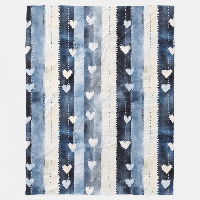 Manta Polar Rayas de corazón de denim blanco azul (Anverso)
