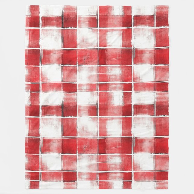 Manta Polar Rayas de Cuadro Escocés Rojo Blanco   (Anverso)