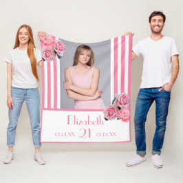Manta Polar Rayas rosas foto floral nombre 21 cumpleaños