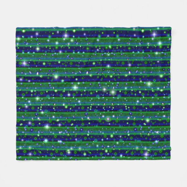 Manta Polar Rayas verdes azules con estrellas y gotas de lluvi (Frente (Horizontal))