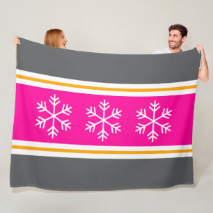 Manta Polar Rayas y copos de nieve grises rosa blanco elegante