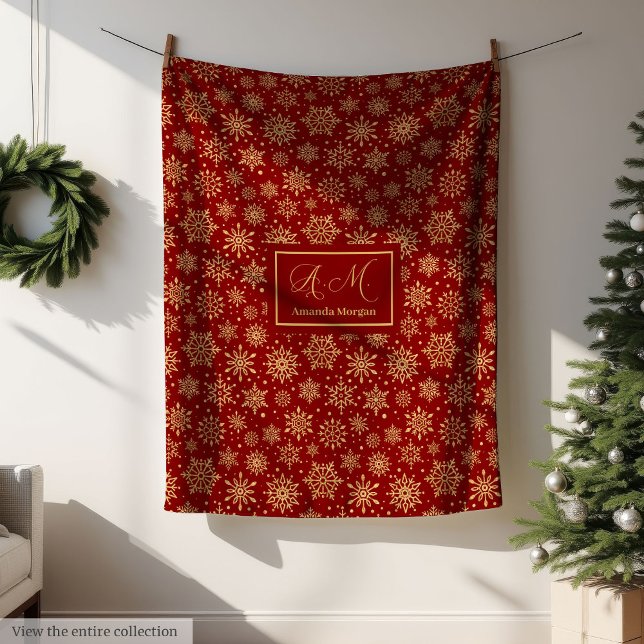 Manta Polar Red and Gold Snowflakes Personalized Christmas (Personalized Throw Blanket Red Gold Luxe Christmas)