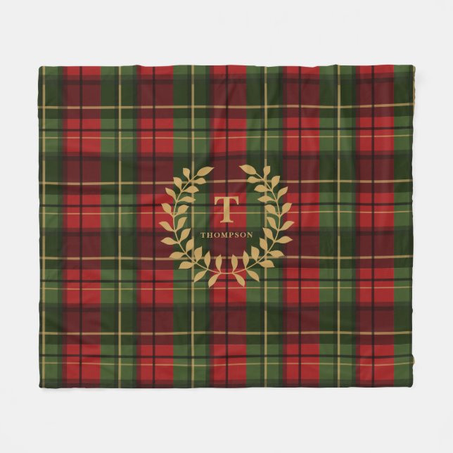 Manta Polar Red And Green Plaid With Custom Monogram Wreath (Frente (Horizontal))